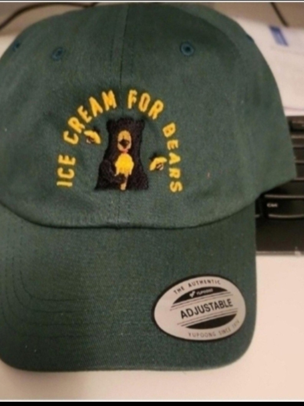 Adjustable Green 'Ice Cream for Bears' Embroidered Cap